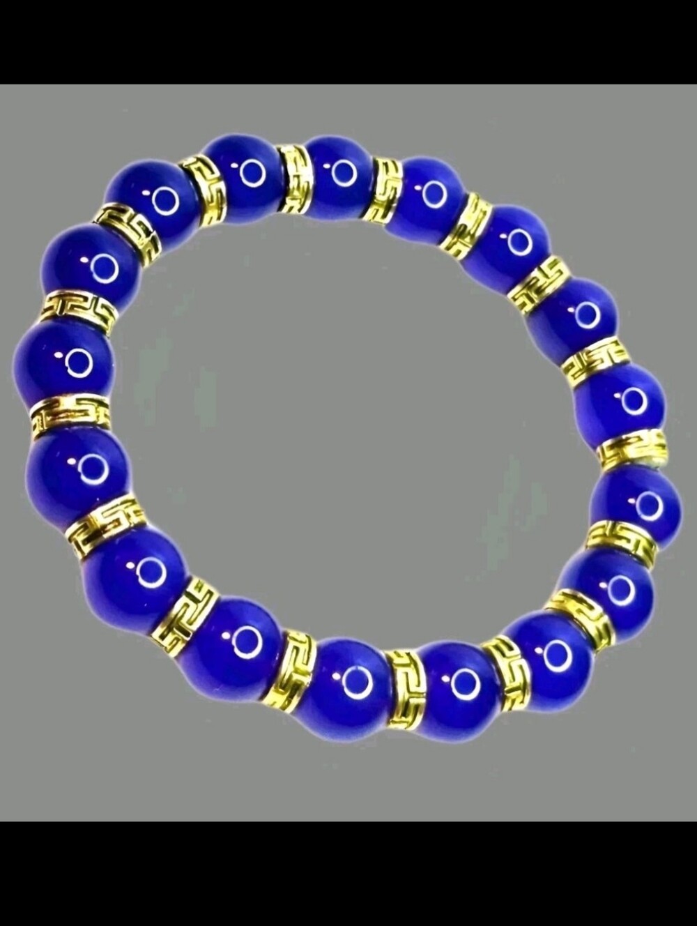 Sapphire Blue Jade Beaded Stretch Bracelet With Tibetan Gold Accents Boho Gift